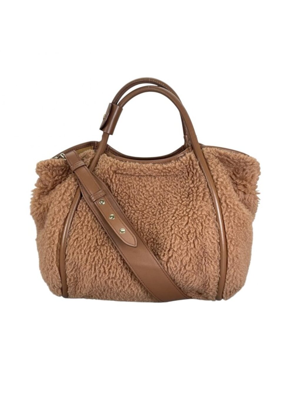 Max Mara Teddy Bear Bag 2-Way Handbag Camel Silk Brown